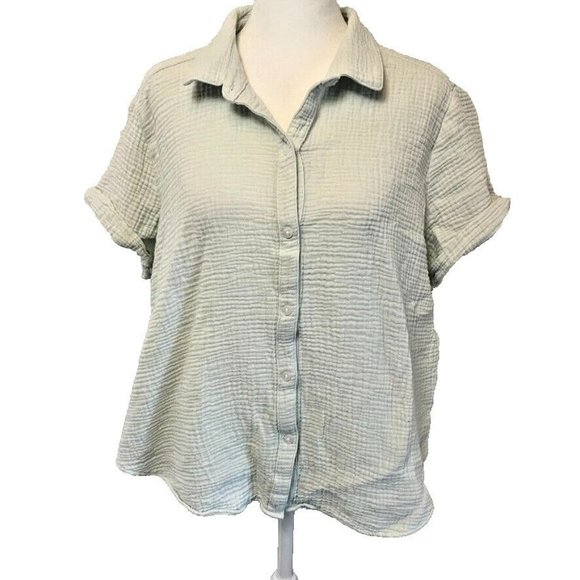 Lucky Brand Waffle Knit Light Mint Green Soft Button-Down‎ Blouse Women's Size L - Picture 1 of 7